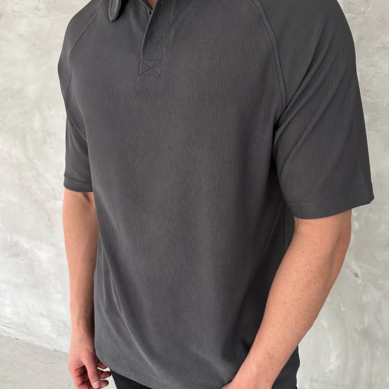 Yakalı Patlı Kısa Kol T-shirt - Antrasit -