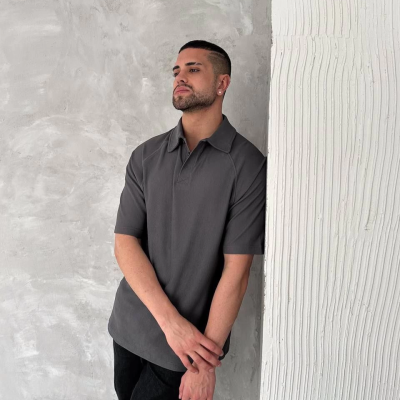 Yakalı Patlı Kısa Kol T-shirt - Antrasit -