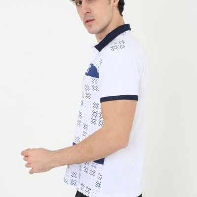 Yakalı Slim Fit Baskılı T-Shirt - Beyaz -