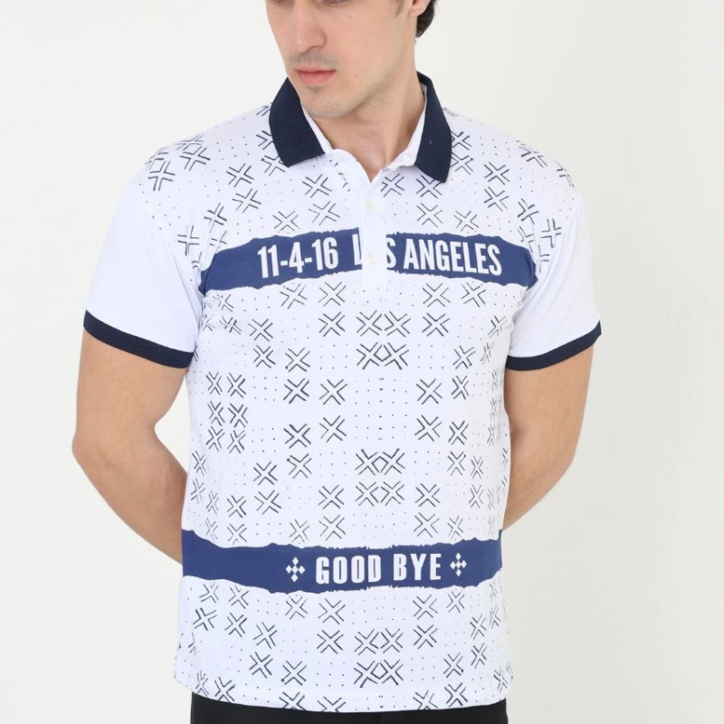 Yakalı Slim Fit Baskılı T-Shirt - Beyaz -