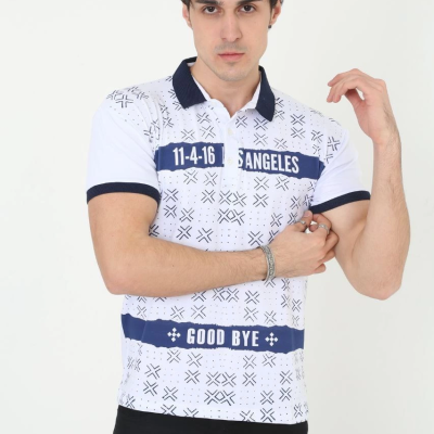 Yakalı Slim Fit Baskılı T-Shirt - Beyaz -