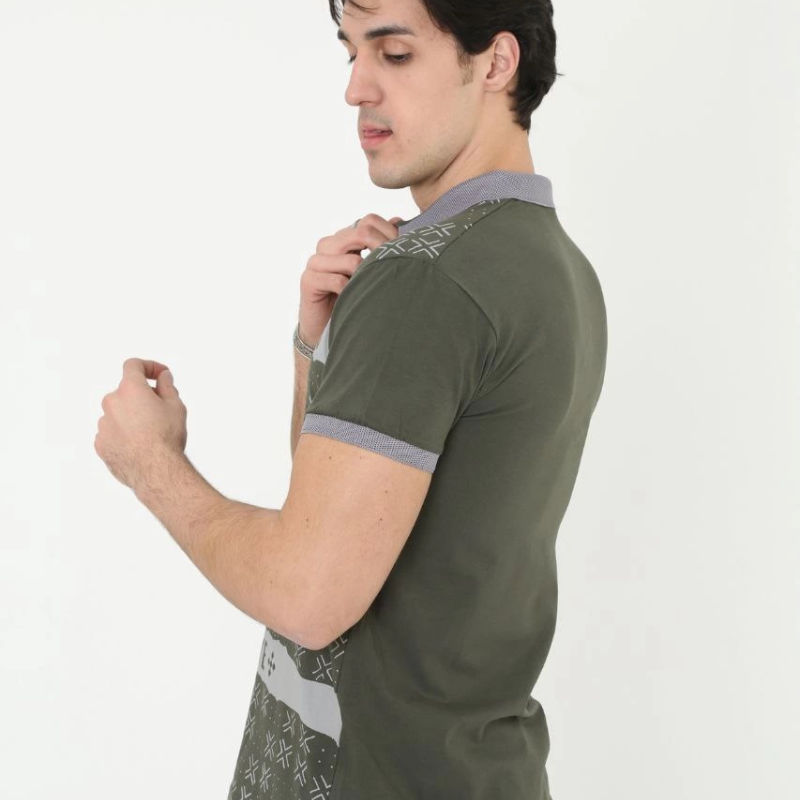 Yakalı Slim Fit Baskılı T-Shirt - Haki -