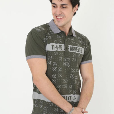 Yakalı Slim Fit Baskılı T-Shirt - Haki -