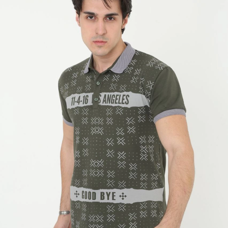 Yakalı Slim Fit Baskılı T-Shirt - Haki -