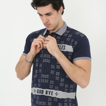 Yakalı Slim Fit Baskılı T-Shirt - Lacivert -