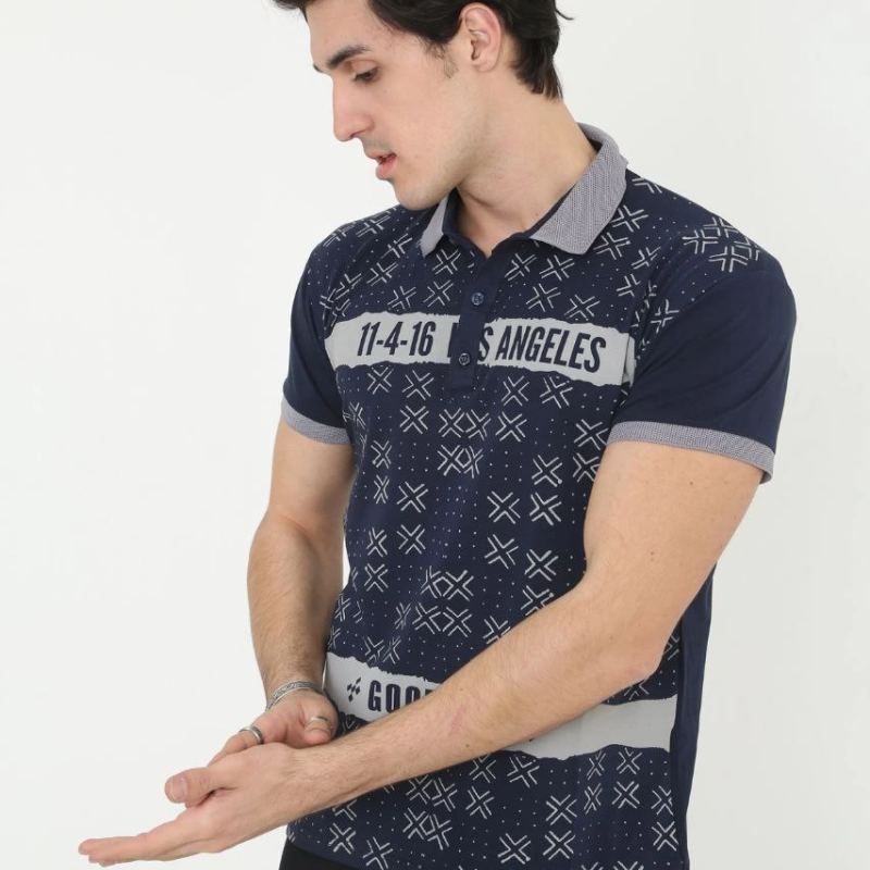 Yakalı Slim Fit Baskılı T-Shirt - Lacivert -