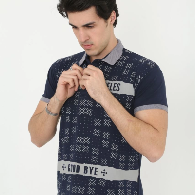 Yakalı Slim Fit Baskılı T-Shirt - Lacivert -