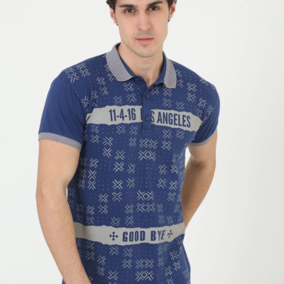 Yakalı Slim Fit Baskılı T-Shirt - Mavi -