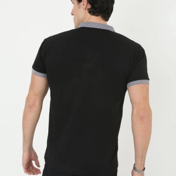 Yakalı Slim Fit Baskılı T-Shirt - Siyah -