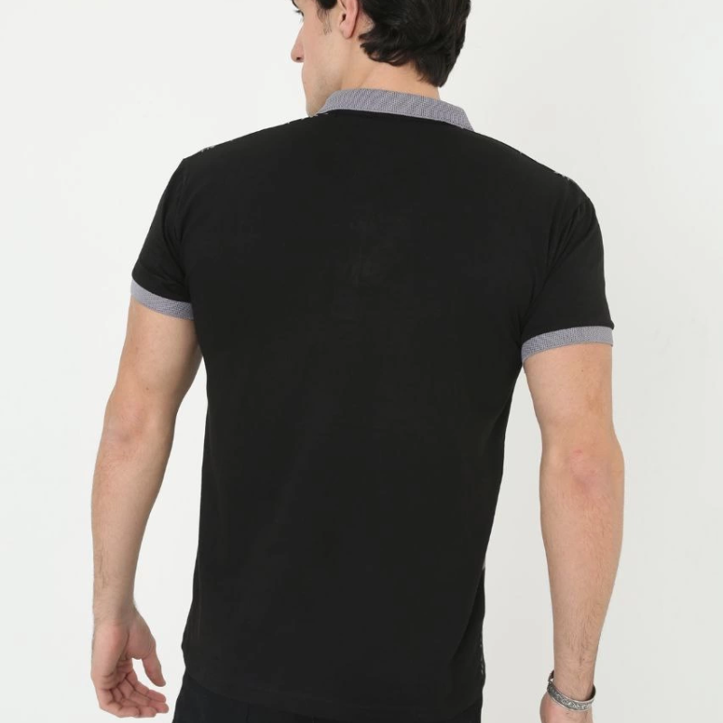 Yakalı Slim Fit Baskılı T-Shirt - Siyah -