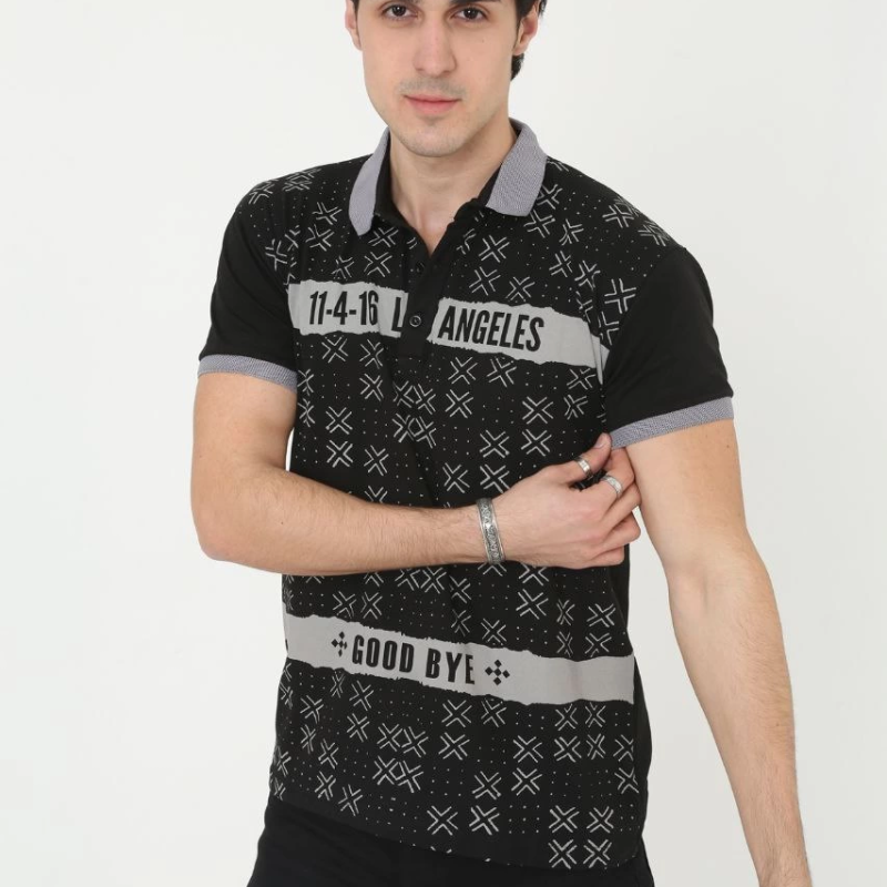 Yakalı Slim Fit Baskılı T-Shirt - Siyah -