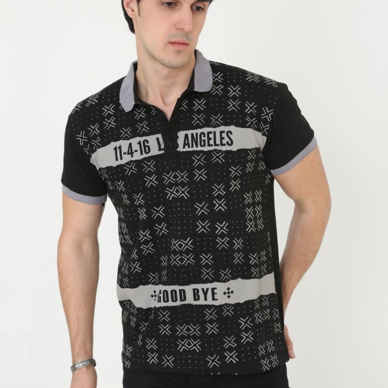 Yakalı Slim Fit Baskılı T-Shirt - Siyah -