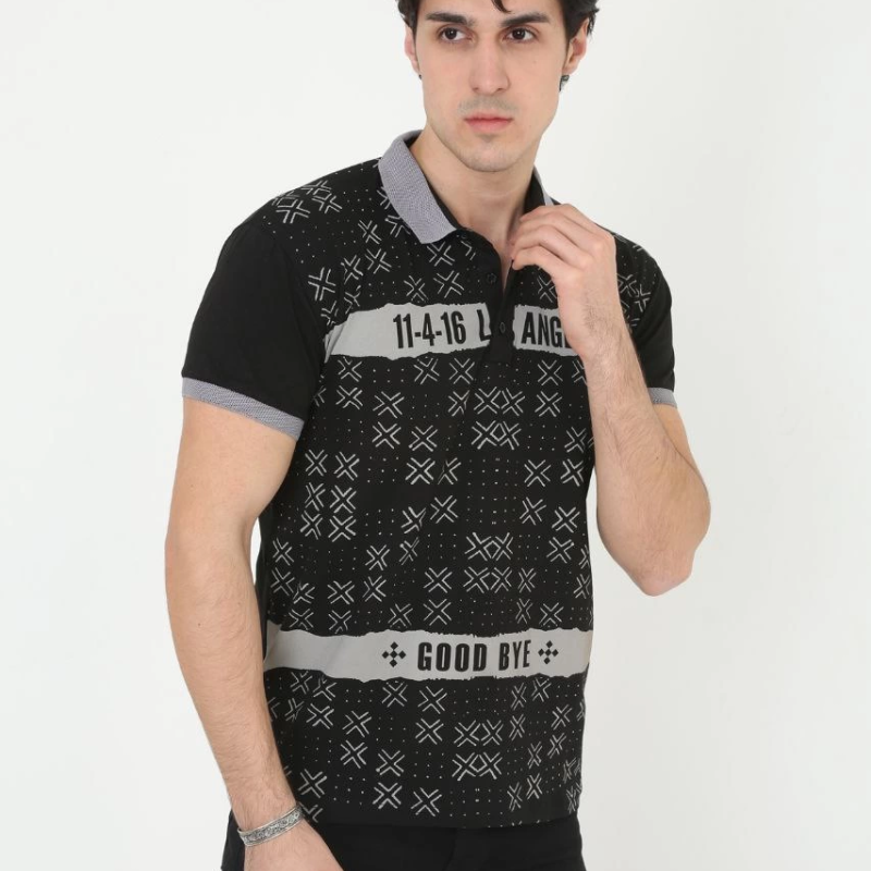 Yakalı Slim Fit Baskılı T-Shirt - Siyah -