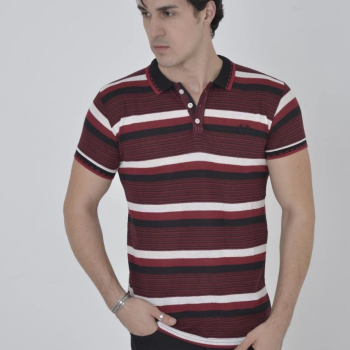 Yakalı Slim Fit Dokuma Çizgili T-Shirt - Bordo -