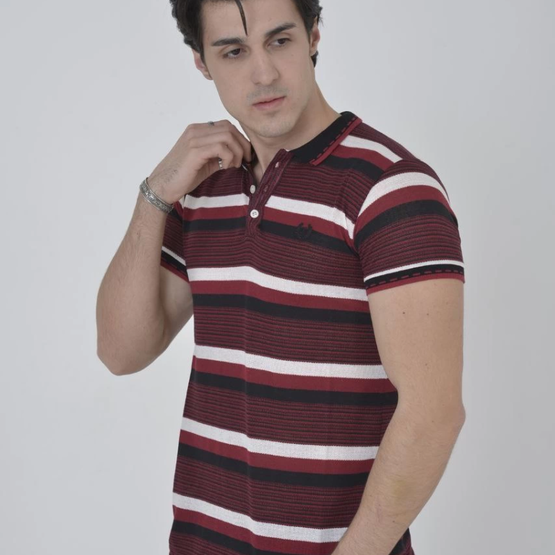Yakalı Slim Fit Dokuma Çizgili T-Shirt - Bordo -