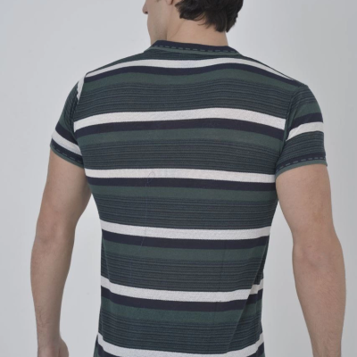 Yakalı Slim Fit Dokuma Çizgili T-Shirt - Haki -