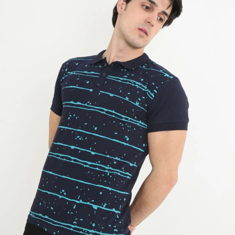 Yakalı Slim Fit Pike Çizgili T-Shirt - Lacivert -