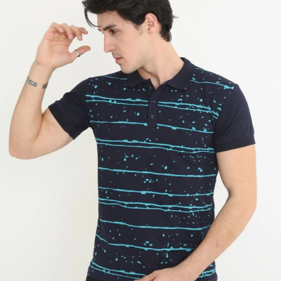 Yakalı Slim Fit Pike Çizgili T-Shirt - Lacivert -