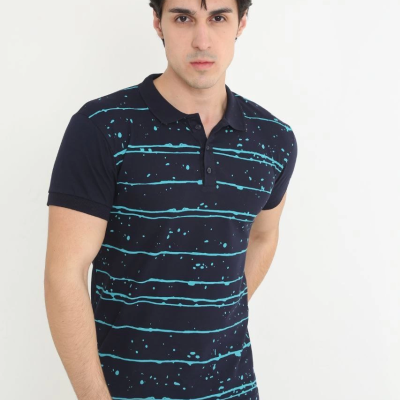 Yakalı Slim Fit Pike Çizgili T-Shirt - Lacivert -