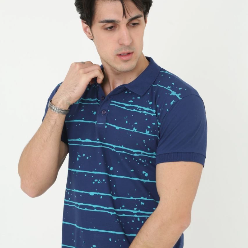 Yakalı Slim Fit Pike Çizgili T-Shirt - Mavi -
