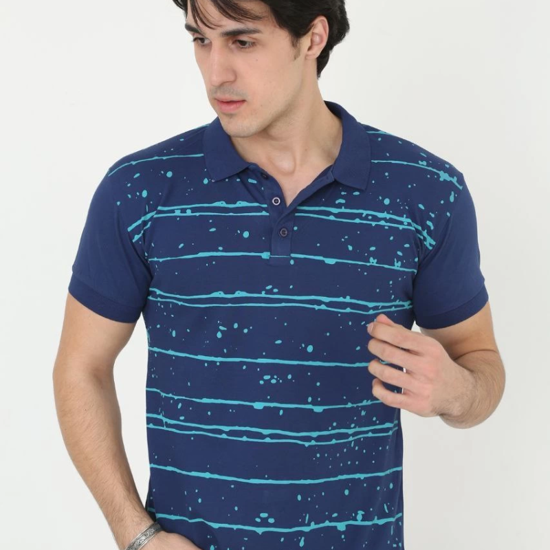 Yakalı Slim Fit Pike Çizgili T-Shirt - Mavi -