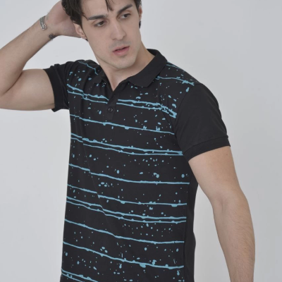 Yakalı Slim Fit Pike Çizgili T-Shirt - Siyah -