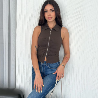 Yakalı Tam Fermuarlı Kolsuz Bluz - Kahverengi -