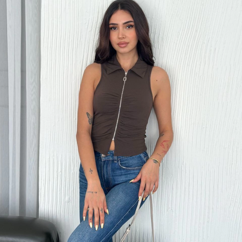 Yakalı Tam Fermuarlı Kolsuz Bluz - Kahverengi -