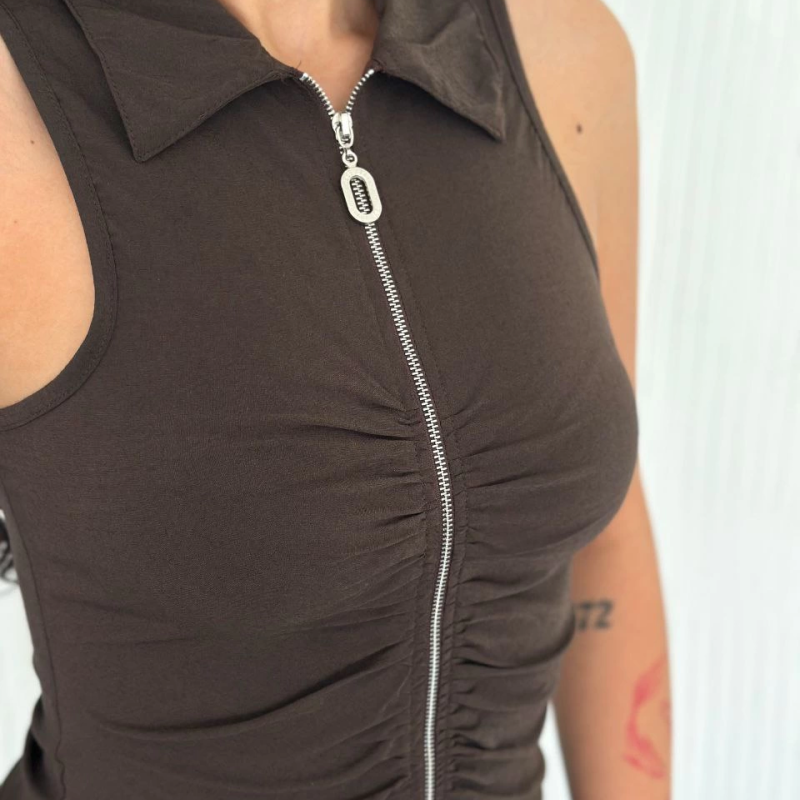 Yakalı Tam Fermuarlı Kolsuz Bluz - Kahverengi -