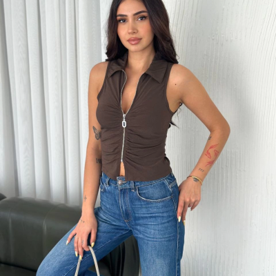 Yakalı Tam Fermuarlı Kolsuz Bluz - Kahverengi -