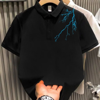 Yakası Düğmeli Oversize Baskılı T-Shirt - Siyah -