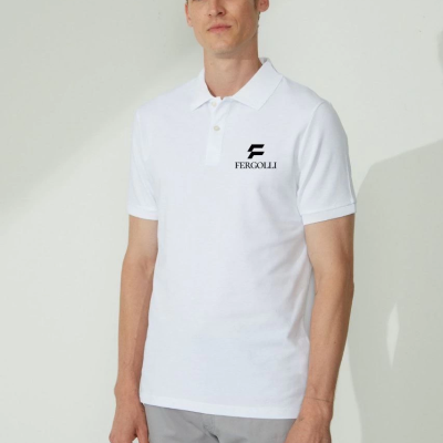 Yakası Düğmeli Yakalı Pike Baskılı T-Shirt - Beyaz -