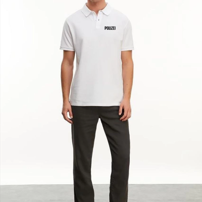 Yakası Düğmeli Yakalı Pike Baskılı T-Shirt - Beyaz