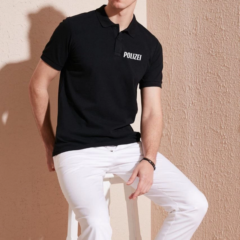 Yakası Düğmeli Yakalı Pike Baskılı T-Shirt - Siyah -