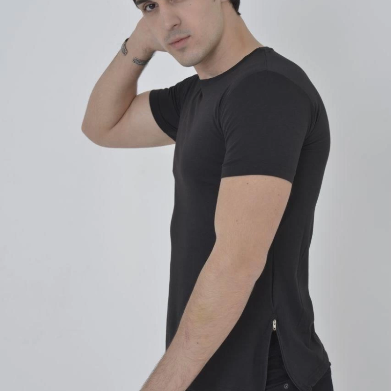Yandan Fermuarli Slim fit T-shirt - Siyah -
