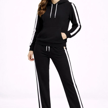 Yandan Şeritli Eşofman Takım Kapüşonlu Sweatshirt Boru Paça Alt, Oversize 3 iplik Pamuklu - Siyah