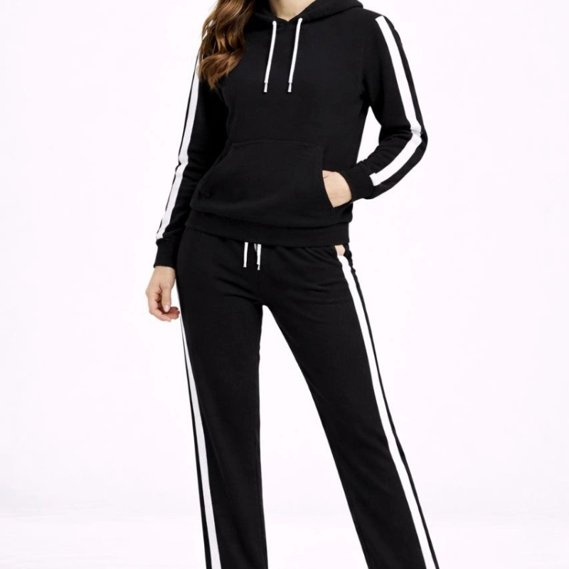 Yandan Şeritli Eşofman Takım Kapüşonlu Sweatshirt Boru Paça Alt, Oversize 3 iplik Pamuklu - Siyah