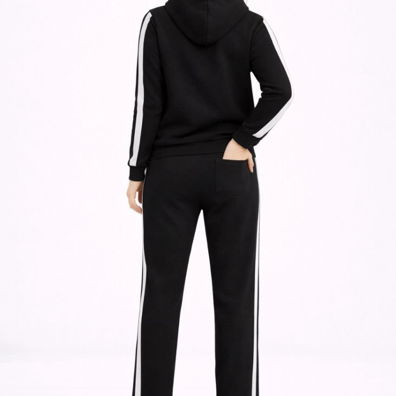 Yandan Şeritli Eşofman Takım Kapüşonlu Sweatshirt Boru Paça Alt, Oversize 3 iplik Pamuklu - Siyah