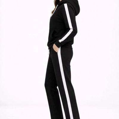 Yandan Şeritli Eşofman Takım Kapüşonlu Sweatshirt Boru Paça Alt, Oversize 3 iplik Pamuklu - Siyah