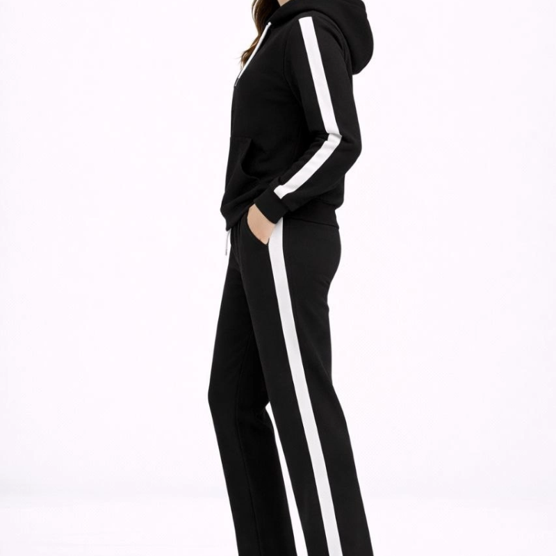 Yandan Şeritli Eşofman Takım Kapüşonlu Sweatshirt Boru Paça Alt, Oversize 3 iplik Pamuklu - Siyah