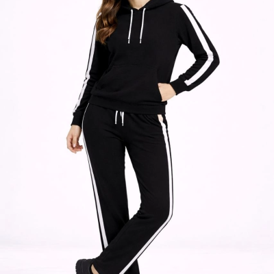 Yandan Şeritli Eşofman Takım Kapüşonlu Sweatshirt Boru Paça Alt, Oversize 3 iplik Pamuklu - Siyah