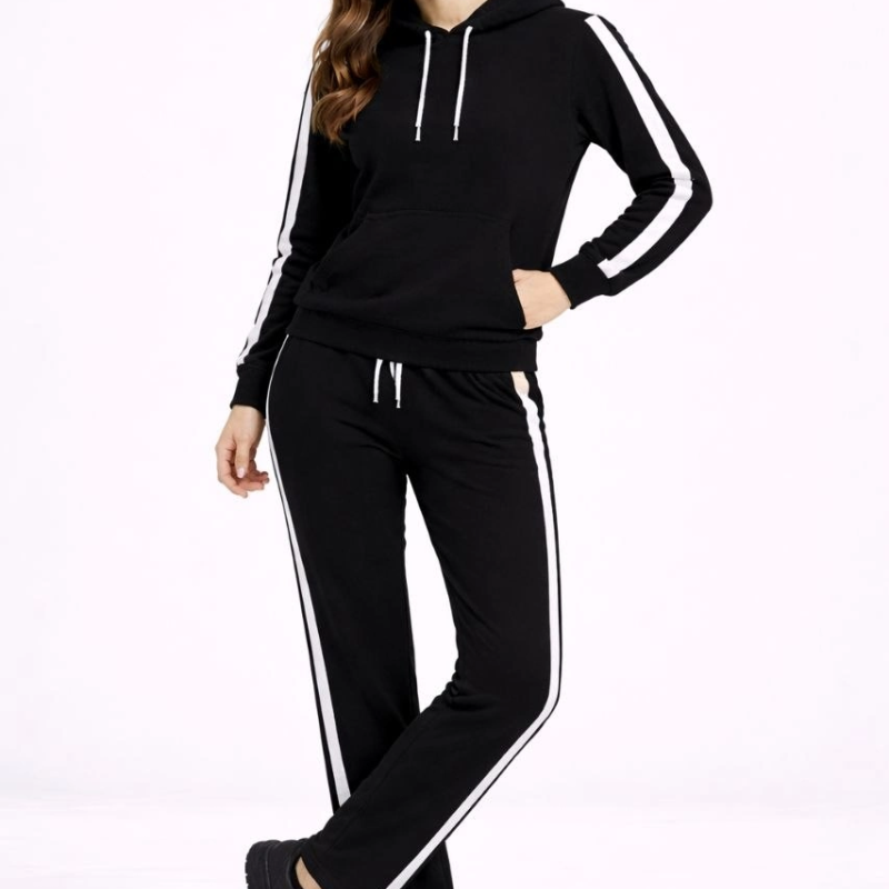 Yandan Şeritli Eşofman Takım Kapüşonlu Sweatshirt Boru Paça Alt, Oversize 3 iplik Pamuklu - Siyah