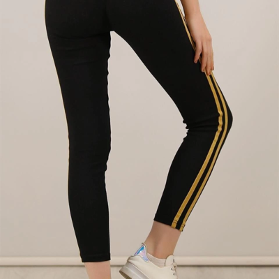 Yanı Sarı Şeritli Tayt - Siyah -