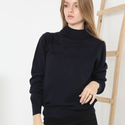 Yarım Boğaz Triko Kazak  at Regular kalıp - Siyah