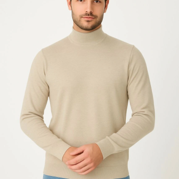 Yarım Boğaz Triko Kazak-hat Regular kalıp - Bej