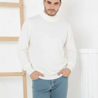 Yarım Boğaz Triko Kazak yumuşak dokulu Pamuklu ince Dokuma, uzun kollu Rahat Regular kalıp - Beyaz