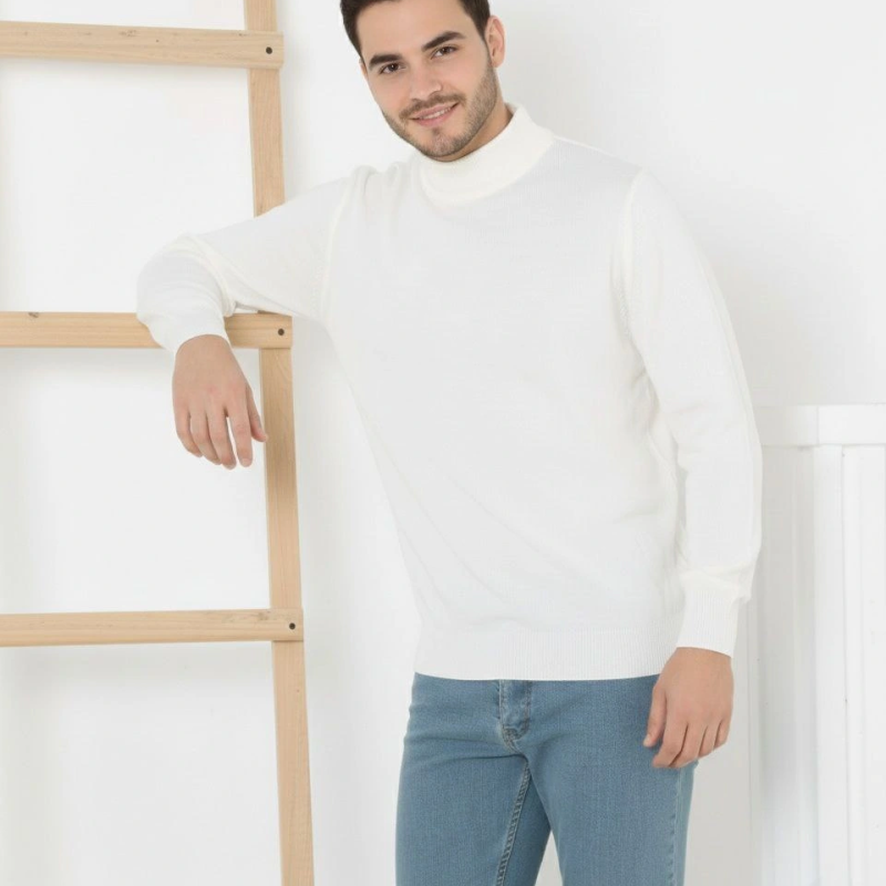 Yarım Boğaz Triko Kazak yumuşak dokulu Pamuklu ince Dokuma, uzun kollu Rahat Regular kalıp - Beyaz