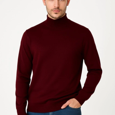 Yarım Boğaz Triko Kazak yumuşak dokulu Pamuklu ince Dokuma, uzun kollu Rahat Regular kalıp - Bordo