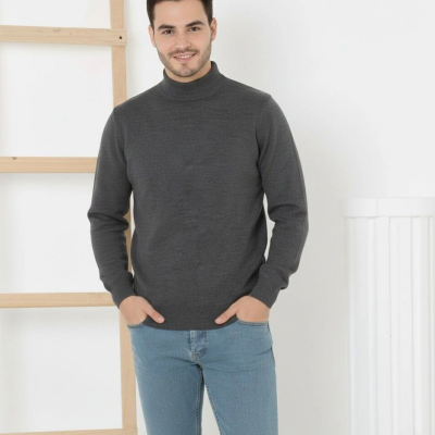 Yarım Boğaz Triko Kazak yumuşak dokulu Pamuklu ince Dokuma, uzun kollu Rahat Regular kalıp - Füme