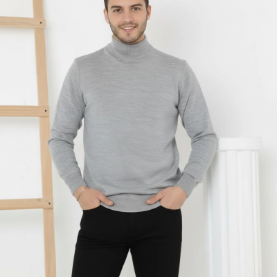 Yarım Boğaz Triko Kazak yumuşak dokulu Pamuklu ince Dokuma, uzun kollu Rahat Regular kalıp - Gri